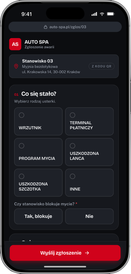 Formularz zgłoszenia awarii na telefonie klienta